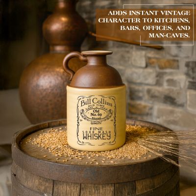 Two-tone ceramic whiskey jug with cork and Bill Collins Old No. 69 Fine Sour Mash Whiskey printed label