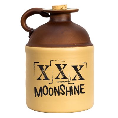 A two-tone ceramic moonshine jug with a brown top, a cork stopper, and a tan base printed with the text “XXX MOONSHINE” in a distressed font