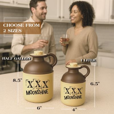 A rustic two-tone stoneware jug, topped with a cork and marked with the distressed text “XXX MOONSHINE” on its front
