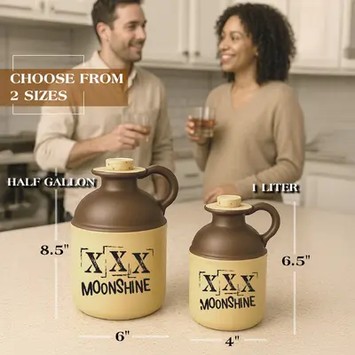 A rustic two-tone stoneware jug, topped with a cork and marked with the distressed text “XXX MOONSHINE” on its front