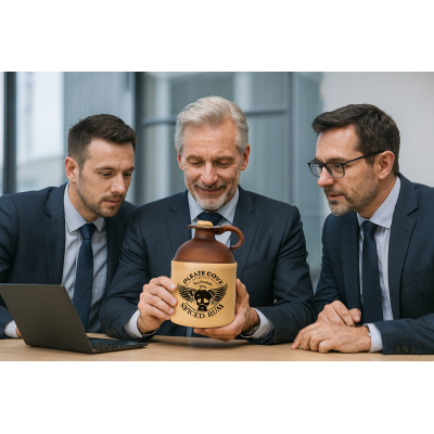 Three businessmen in suits sit at a conference table examining a ceramic jug labeled “Beast Country Spiced Rum,” with one man holding the jug while the others look on attentively.