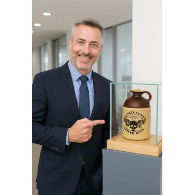 A smiling businessman in a suit stands in an office hallway and points to a ceramic jug labeled “Beast Country Spiced Rum” displayed on a pedestal inside a glass case.