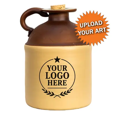 Customizable ceramic moonshine jug with brown top, cream base, cork stopper, and a placeholder “Your Logo Here” design on the front label.