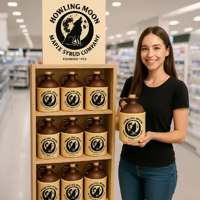 A smiling female store associate stands beside a retail display filled with Howling Moon Maple Syrup ceramic jugs, holding one jug while showcasing the product inside a brightly lit grocery store.