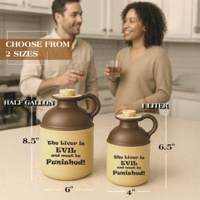 Two ceramic moonshine jugs in half-gallon and 1-liter sizes with brown tops and humorous text ‘The liver is evil and must be punished,’ displayed on a kitchen counter with people holding drinks in the background; novelty drinkware and rustic barware collectibles.