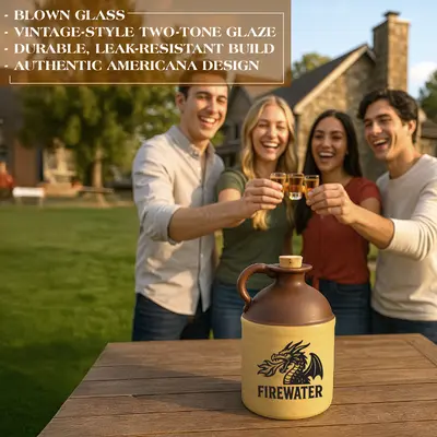 Group of friends outdoors raising shot glasses beside a Firewater moonshine jug with a dragon logo, highlighting vintage two-tone ceramic design and Americana craftsmanship.