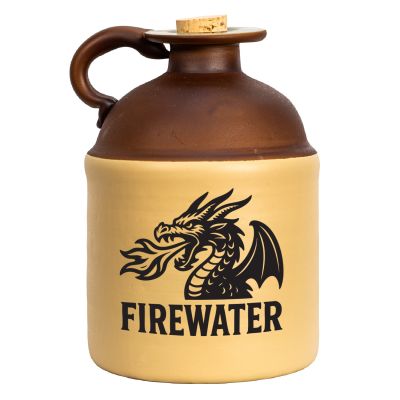 Firewater moonshine jug with bold black fire-breathing dragon logo on a two-tone ceramic jug, shown in a clean product-style image for e-commerce use.