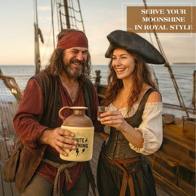 Pirate-themed couple enjoying drinks aboard a wooden ship while holding a White Lightning moonshine jug, emphasizing rustic moonshine style and themed serving flair.
