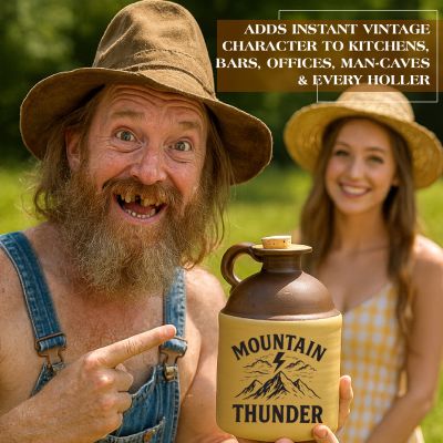 Mountain Thunder moonshine jug held by smiling man in rustic outdoor setting, showcasing vintage character and farmhouse décor style