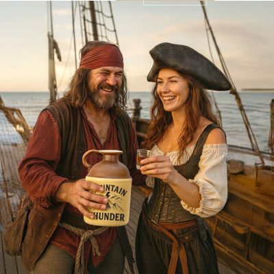 Pirate-themed scene with man and woman holding the Mountain Thunder moonshine jug on a ship deck while sharing drinks.