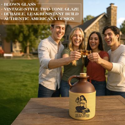 Friends toasting drinks outdoors with a mermaid moonshine jug on the table, emphasizing vintage Americana décor and humorous rum-themed bar accessories.