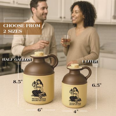 Two stoneware mermaid moonshine jugs in half-gallon and one-liter sizes placed on a kitchen counter with measurement labels, showing available size options.