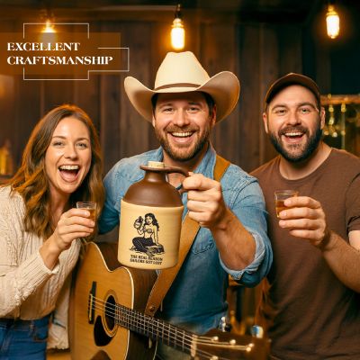 Smiling friends in a rustic bar holding a mermaid moonshine jug, showcasing handcrafted stoneware craftsmanship and humorous nautical bar décor.
