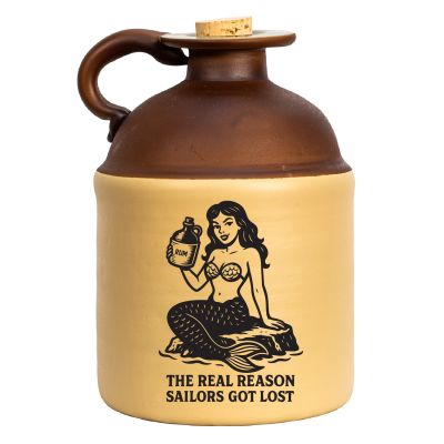 Vintage stoneware moonshine jug featuring a mermaid holding a rum jug and the phrase “The Real Reason Sailors Got Lost,” shown against a white background.