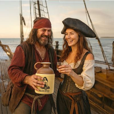 Two people dressed as pirates sharing drinks on a ship while holding a mermaid moonshine jug, emphasizing humorous nautical-themed barware and vintage design.
