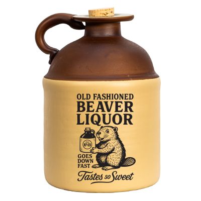Vintage-style two-tone ceramic jug labeled “Old Fashioned Beaver Liquor” featuring beaver graphic, cork topper, and rustic moonshine bottle design.
