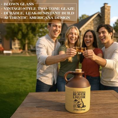 Friends toasting whiskey outdoors with a vintage “Old Fashioned Beaver Liquor” jug on the table, highlighting handcrafted ceramic moonshine bottle design.
