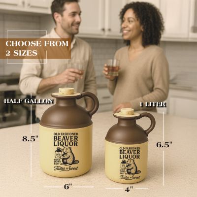 Side-by-side comparison of half-gallon and one-liter ceramic “Old Fashioned Beaver Liquor” jugs with measurements, showing available size options.