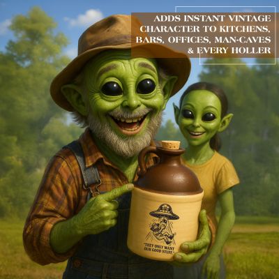 Two friendly green alien characters smiling and holding an alien-abduction moonshine jug outdoors, highlighting its vintage novelty design for kitchens, bars, and man caves.