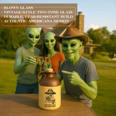 Group of green aliens enjoying drinks at an outdoor table with an alien-abduction moonshine jug, emphasizing blown glass, two-tone glaze, durability, and Americana styling.