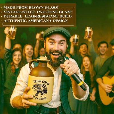 Man celebrating with a crowd in an Irish pub, holding an Irish Gold “Feelin’ Lucky” moonshine jug, with text highlighting blown glass, two-tone glaze, durability, and Americana design.