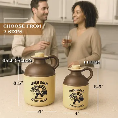Two Irish Gold “Feelin’ Lucky” moonshine jugs in half-gallon and one-liter sizes displayed on a kitchen counter, with measurement labels and a couple enjoying drinks in the background.