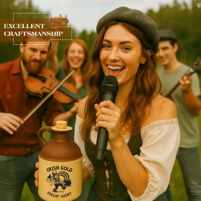 Woman singing into a microphone while holding an Irish Gold “Feelin’ Lucky” moonshine jug, with musicians celebrating behind her, emphasizing craftsmanship and festive Irish barware.