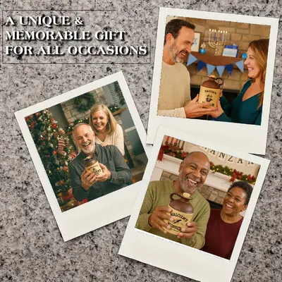 Collage of people celebrating various holidays while holding personalized vintage-style moonshine jugs, showcasing the product as a unique and memorable gift for Christmas, Hanukkah, Kwanzaa, and special occasions