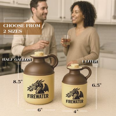 Firewater moonshine jug shown in two sizes, half gallon and one liter, featuring a black fire-breathing dragon logo on vintage ceramic jugs displayed on a kitchen counter