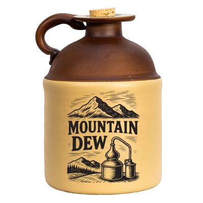 Vintage-style ceramic Mountain Dew moonshine jug with brown top, cork stopper, and black mountain-and-still graphic on the front.