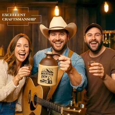 Smiling group of friends in a rustic bar holding a ceramic Mountain Dew moonshine jug while raising shot glasses, highlighting excellent craftsmanship.