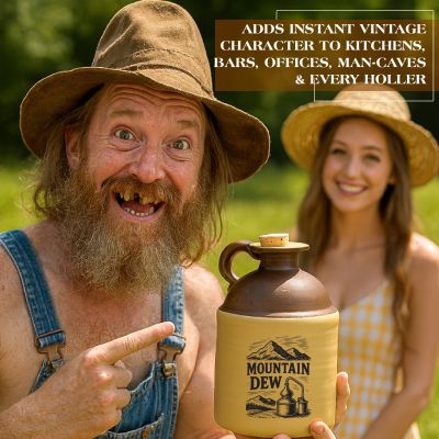 Happy man in hillbilly attire pointing excitedly at a ceramic Mountain Dew moonshine jug outdoors, with a smiling woman in the background.