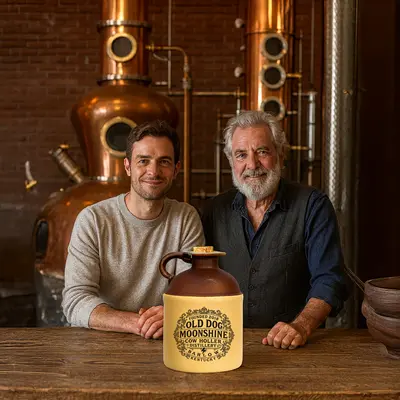 Two men, possibly distillers, sit at a wooden table inside a copper still distillery with an Old Dog Moonshine jug displayed prominently in front of them.Multiple Old Dog Moonshine ceramic jugs arranged neatly on a rustic wooden shelf in a warm, decorative shop environment.