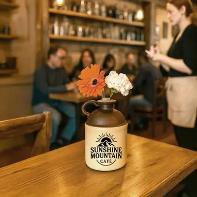 A ceramic moonshine jug labeled “Sunshine Mountain Café” sits on a wooden table being used as a flower vase with orange and white blooms, inside a cozy café where a server takes orders and customers sit at nearby tables.