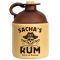 Ceramic rum jug with brown top, beige body, cork stopper, and pirate-themed design featuring skull in hat, crossed swords, and text ‘Sacha’s Rum, Est. 2020, Swig as needed.’ Rustic novelty drinkware.