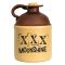 A two-tone ceramic moonshine jug with a brown top, a cork stopper, and a tan base printed with the text “XXX MOONSHINE” in a distressed font