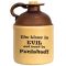 Vintage-style ceramic moonshine jug with brown top, beige body, cork stopper, and humorous printed text reading ‘The liver is evil and must be punished.’ Rustic collectible whiskey jug for home bar décor